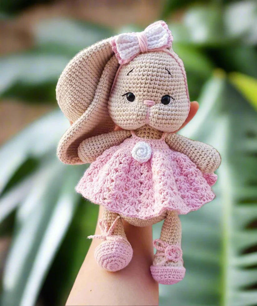 Handmade Crocheted Bunny with Pink Dress – Soft Decorative Plush Toy